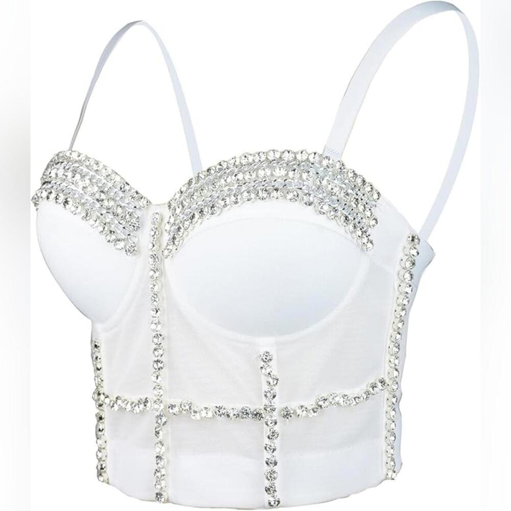 NWOT Ellacci White Diamond Bustier Crop Top Corset Bralet w Detachable Strap, L